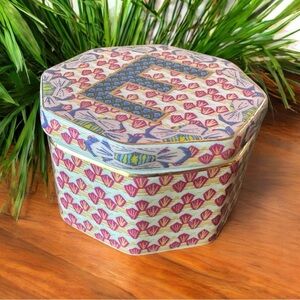 Anthropologie Ceramic Monogram “E” Lidded Jar – Octagonal Floral Boho Container
